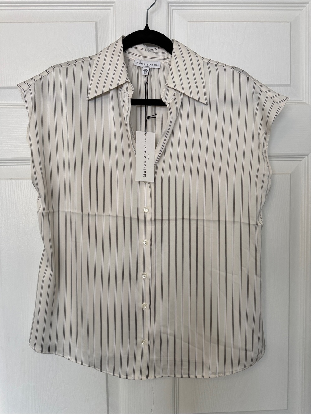 Madewell Cream Sleeveless Button-Down Shirt with Navy Stripes